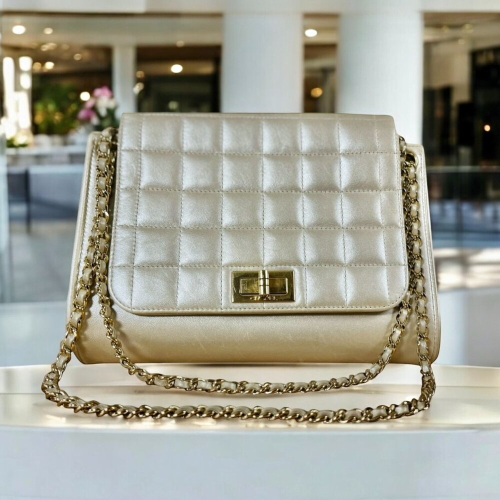 CHANEL Chocolate Bar Soft Gold Chain Bag Shoulder Crossbody 2 Way Metallic CC